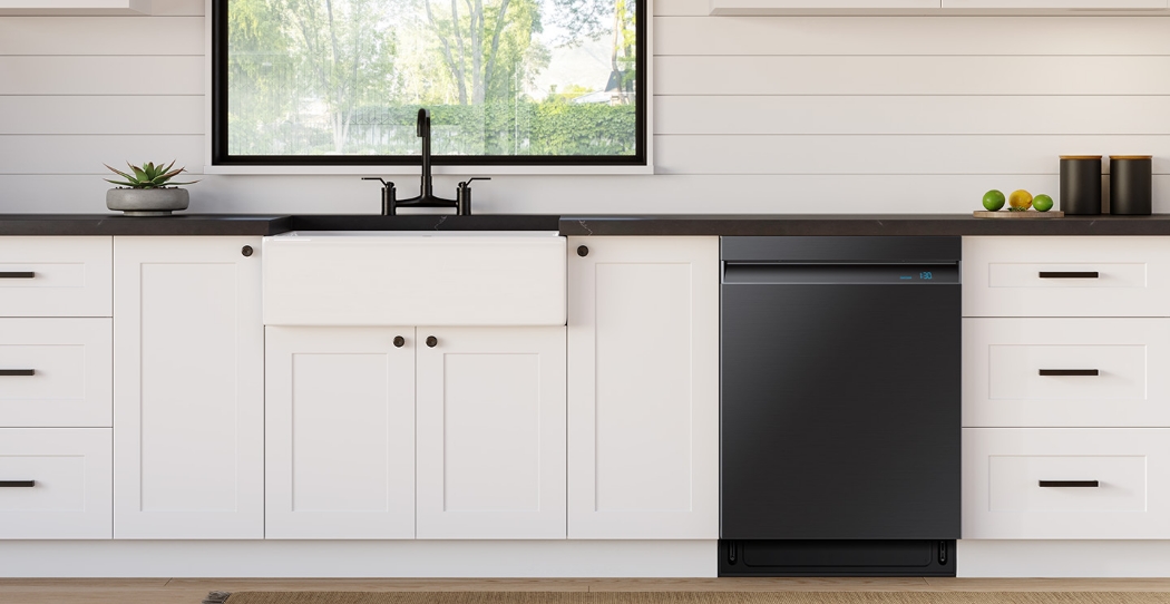 dark grey samsung dishwasher next to white counters